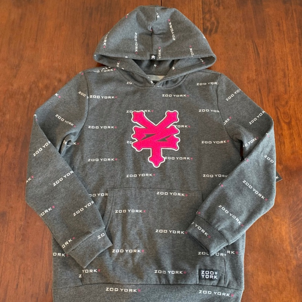 Zoo York, Grey Hoodie with Pink Chenille Appliqué Logo, size 16 girls